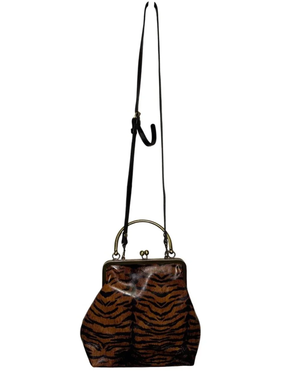 Patricia Nash Novella Frame Bag Tiger Print Leather Kiss Lock Crossbody Satchel